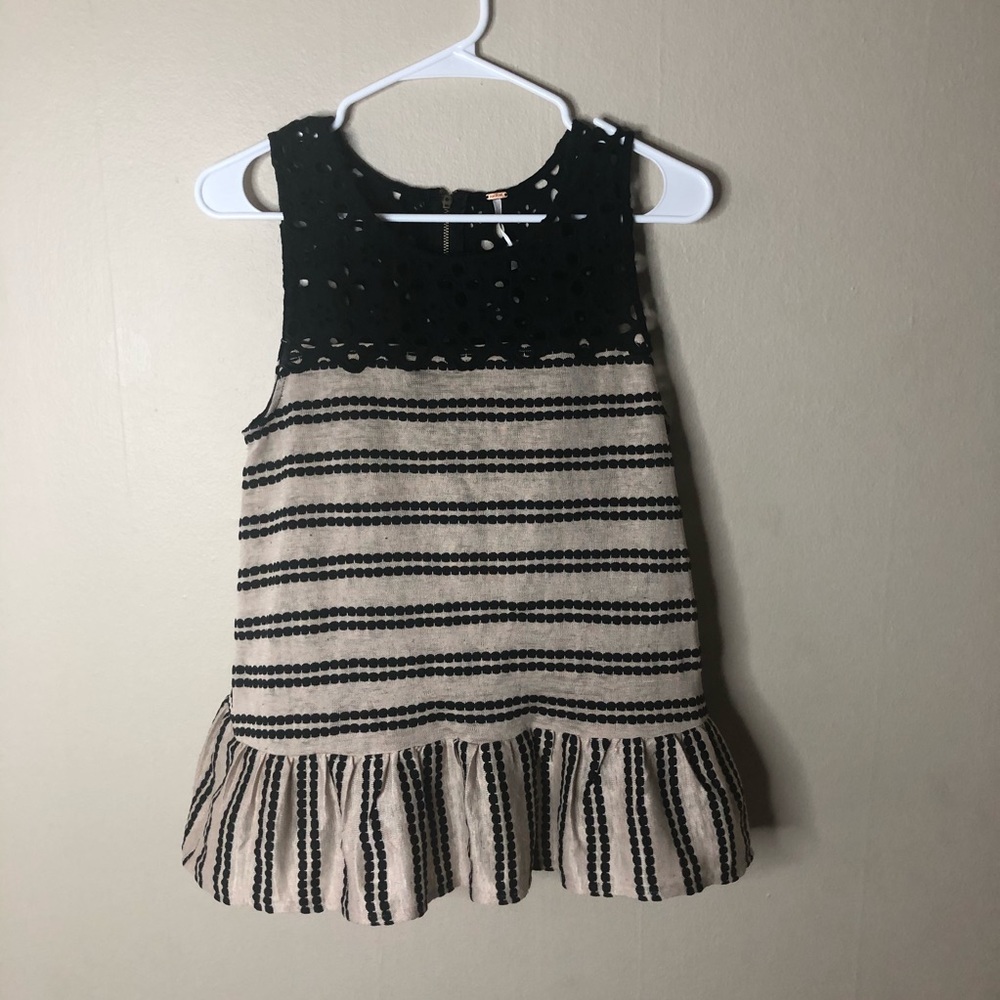 Free People Linen Tank Top Shirt Black & Cream S